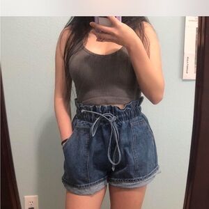 Gray Tank Top and Blue Denim Shorts